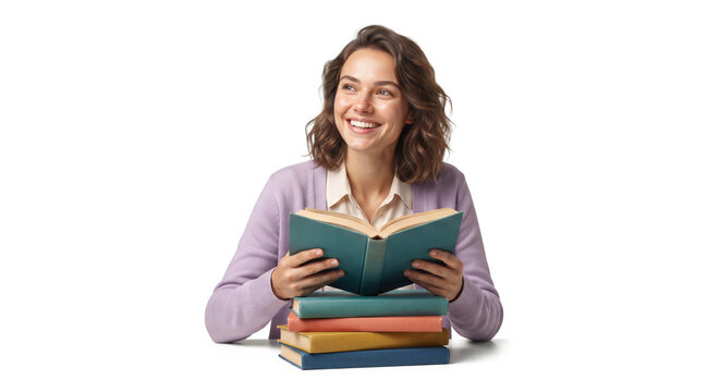 Smiling Young Woman Reading a Book with a Stack of Books Isolated on White