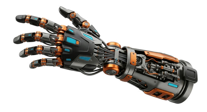 Futuristic Robotic Prosthetic Arm and Mechanical Hand Isolated on White Background