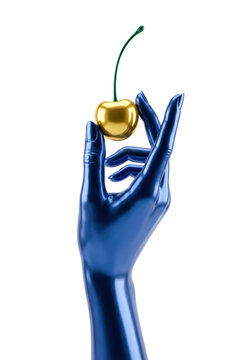 Blue Sculptural Hand Holding Golden Cherry Isolated on White Background