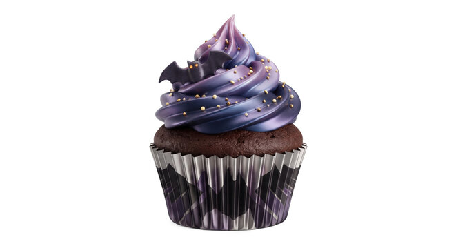 Chocolate Cupcake with Purple Galaxy Frosting and Star Sprinkles Isolated on White