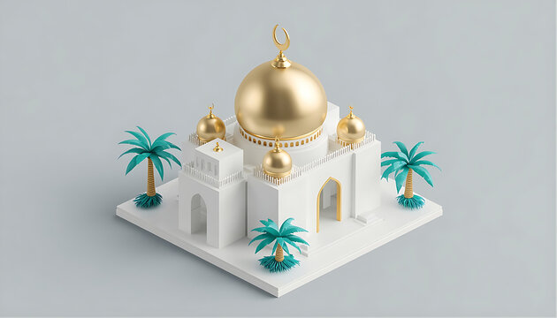 White mosque building with golden domes and teal palms isolated on gray backdrop.