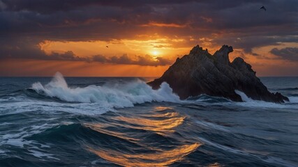 Obraz premium Ocean waves crashing against a rock formation during sunset