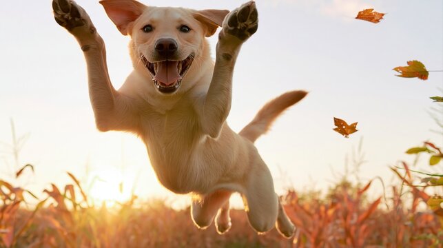 Happy dog jumping in field with falling leaves