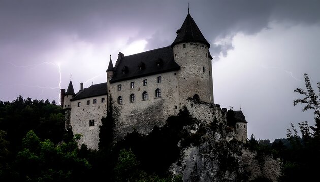 Ancient stone castle towering over dense forest at dusk.