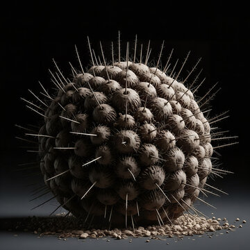 A detailed macro shot of a spiky spherical plant seed pod isolated on dark background.