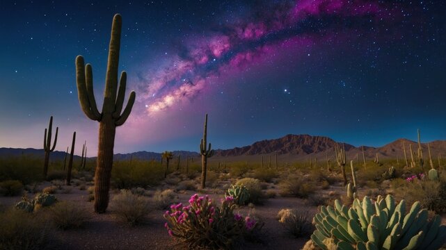 Saguaro cacti standing under a vibrant purple milky way galaxy