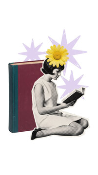 Surreal Woman with Sunflower Head Reading Beside Books