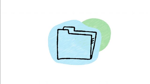 An animated hand-drawn computer directory folder opening slightly. Perfect for digital file storage, document archives, data organization, computer directories, and file managers. 