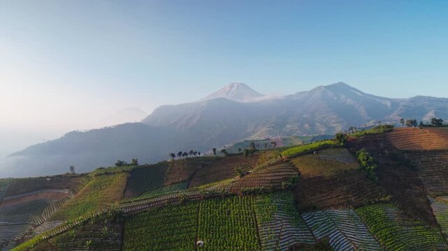Aerial view of Mbeteng Sata mountain surrounded by lush terraced agricultural fields and misty peaks in the morning light in Indonesia.