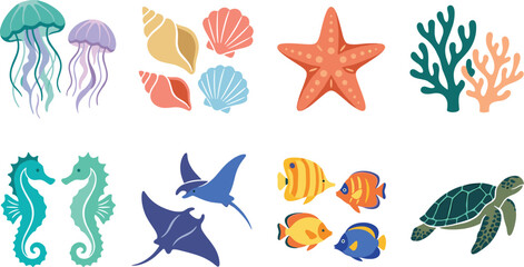 Fototapeta premium Vibrant Marine Life and Ocean Motif Illustration Set