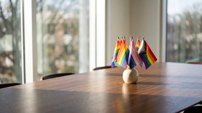 Small Pride flags in a white vase on a dark wooden table, bright sunlit office background, representing diversity and inclusion