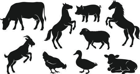 Obraz premium Farm Animals Silhouettes Vector Set with Cow Rearing Horse Goat Pig Sheep Hen Chicken Duck and Calf Black Cliparts