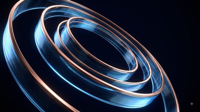 Abstract dark background featuring glowing blue and copper metallic spiral rings in motion.