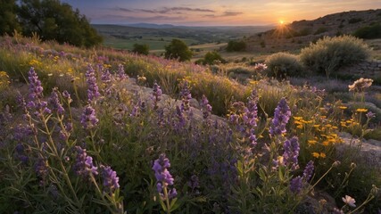 Obraz premium Sunset glow over purple wildflowers in a rolling hill landscape