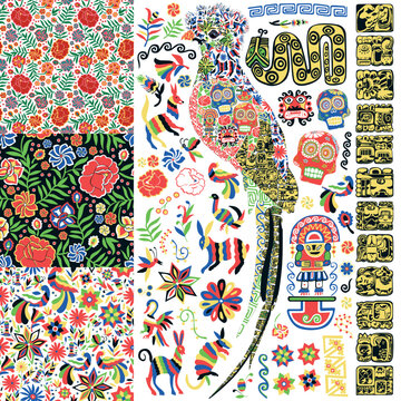 Three seamless patterns in the style of Mexican embroidery. A silhouette of a quetzal decorated with Mexican motifs, and many other images.