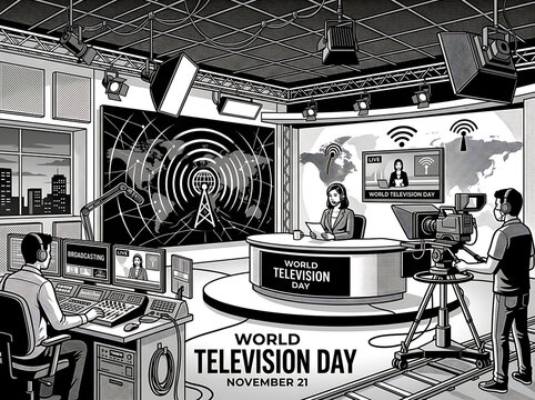 World Television Day broadcasting studio illustration with news anchor and camera crew