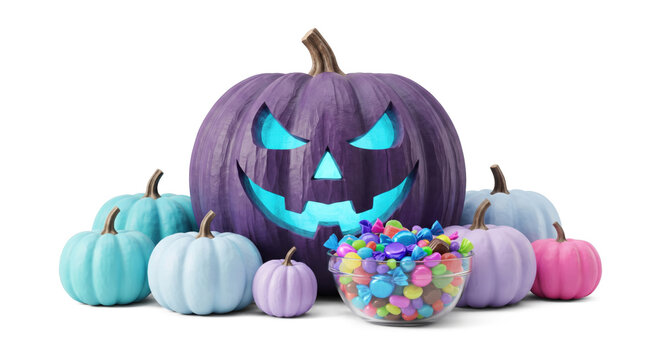 Purple Halloween Jack O Lantern with Candy Bowl and Pastel Pumpkins