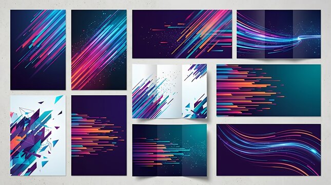 Collection of digital technology striped abstract covers s placards brochures banners flyers backgrounds. Futuristic posters with motion dash elements Collection of digital technology striped