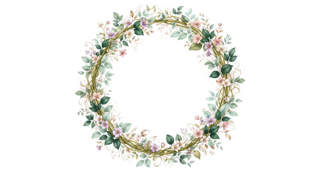 Elegant Watercolor Floral Wreath with Delicate Flowers and Green Leaves