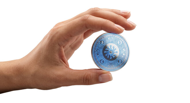 Human Hand Holding Blue Cryptocurrency Coin with Digital Symbols