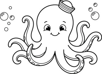 Cute cartoon octopus wearing a sailor hat isolated on transparent background © Abul
