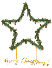 Bożonarodzeniowa gwiazda z zielonych gałązek świerkowych i sosnowych z bombkami i szyszkami oraz napisem Merry Christmas na przezroczystym tle © Blue Pixel
