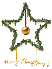 Bożonarodzeniowa gwiazda z zielonych gałązek świerkowych i sosnowych z bombkami i szyszkami oraz napisem Merry Christmas na przezroczystym tle © Blue Pixel