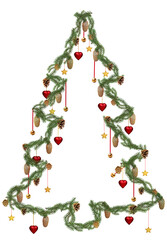 Bożonarodzeniowy kształt choinki z zielonych gałązek świerkowych i sosnowych z bombkami i szyszkami oraz napisem Merry Christmas na przezroczystym tle © Blue Pixel