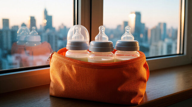 Three plastic baby bottles with milk sit inside bright orange fabric pouch on window sill. Close up view shows infant feeding supplies with urban city skyline background at sunset. Healthy nutrition