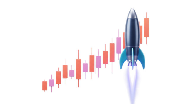 Rocket Launching Above Rising Candlestick Trading Chart