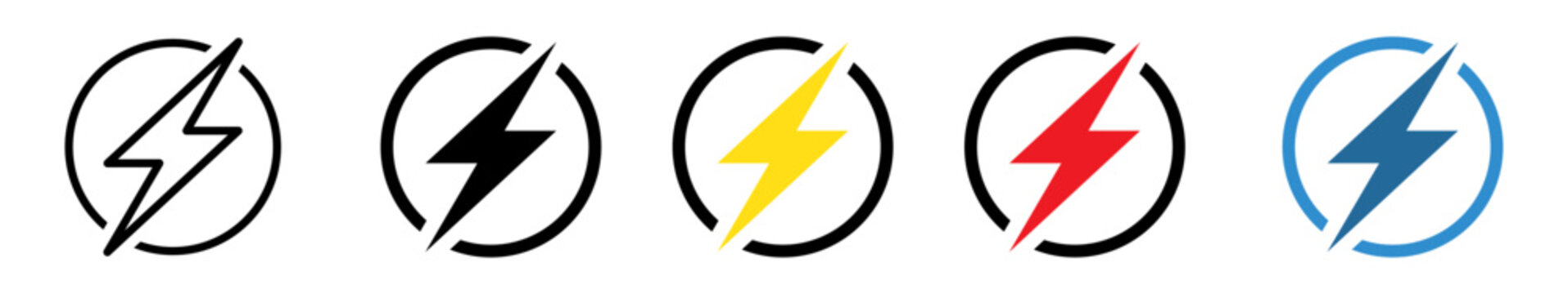 Lightning Bolt Icon Set in Outline Solid Yellow Red and Blue Styles for Electricity Energy Power Charging and Speed