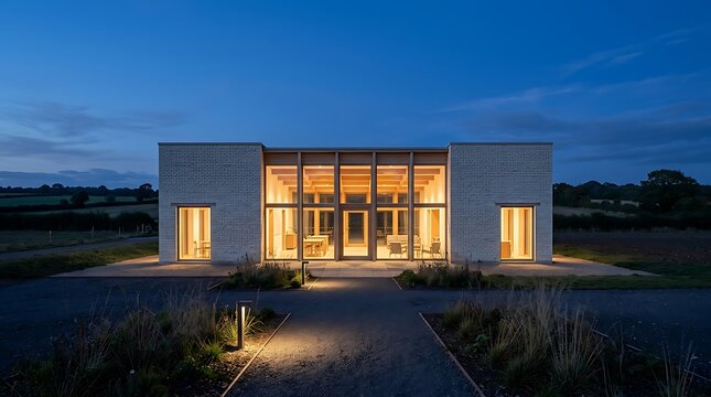 Modern sustainable building with illuminated glass facade and rammed earth walls at twilight