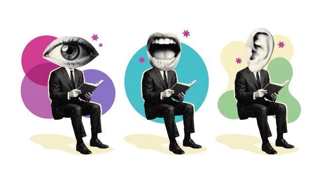 Surreal Businesspeople Representing Censorship Surveillance and Communication