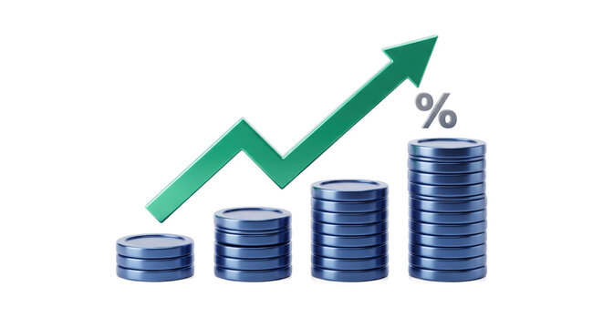 Rising Coin Stacks with Upward Arrow and Percentage Symbol