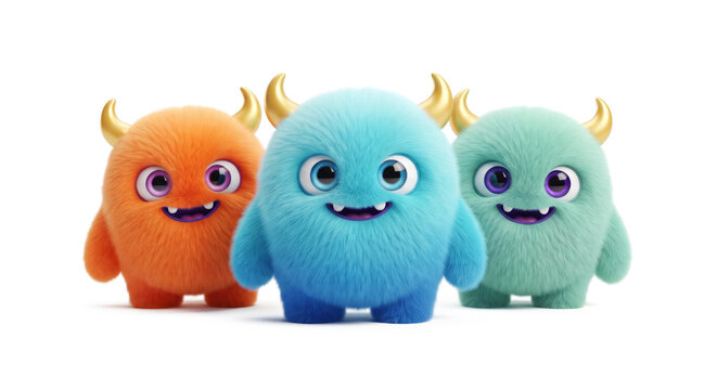 Three Cute Colorful Furry Monster Characters Standing Together