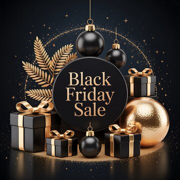 Elegant black friday sale advertisement with gifts ornaments and golden foliage