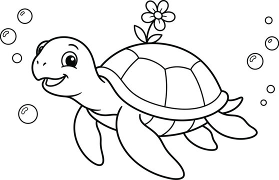 Cute cartoon sea turtle swimming underwater with bubbles and a flower on its shell