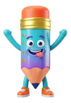 Happy Cartoon Pencil Character with Colorful Body and Raised Arms