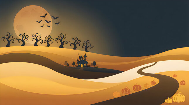 Spooky Halloween landscape with full moon, haunted house on rolling hills, autumn pumpkin patch and flying bats halloween