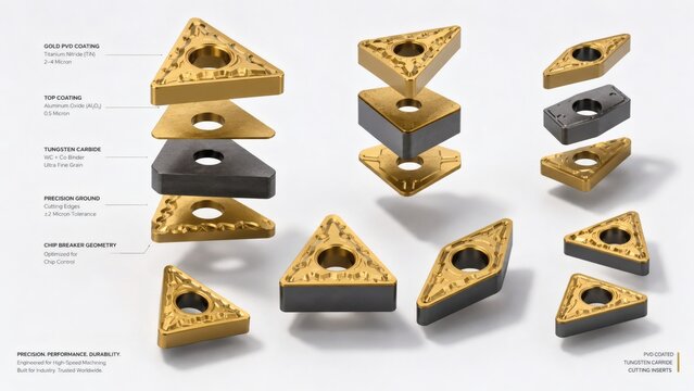 Sculptural Exploded View of Gold PVD Coated Tungsten Carbide Tooling Inserts