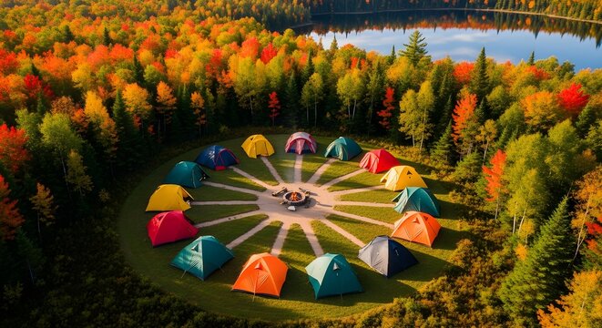 Overhead drone view of circular campsite with tents, campfire in center, forest and lake in background, autumn foliage, vibrant aerial composition