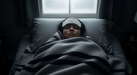 Obraz premium Unwell woman tucked deeply into bed with heavy gray covers and a head compress, suffering from extreme chills and sickness in a dimly lit room.