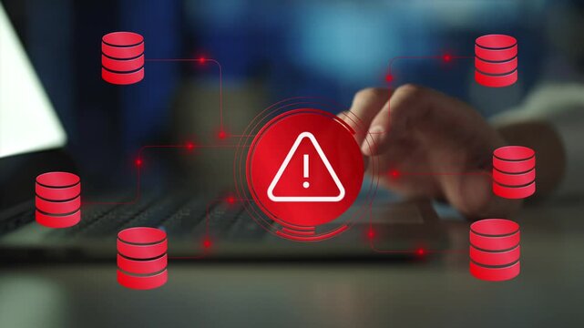 Data breach or information leak due to insider threats or unauthorized access. Confidential files and warning triangle icons.
