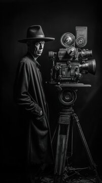 A filmmaker in a fedora stands next to a vintage camera, both silhouetted against a dark backdrop.