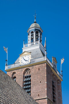 Historic clock tower of the Great or Maria church in Meppel, Netherlands