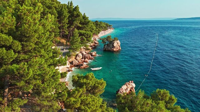 Static aerial view of Brela Rock and Punta Rata beach in Makarska Riviera Croatia