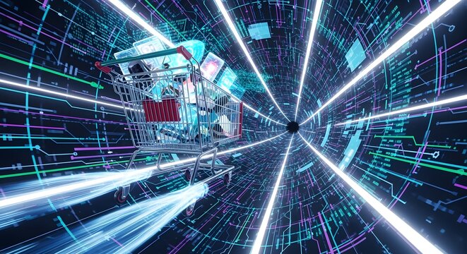 Shopping cart flying through glowing digital tunnel, futuristic cyber look.