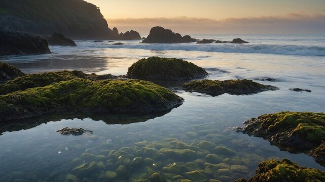 Mossy rocks in tide pools on a coastal beach at sunset