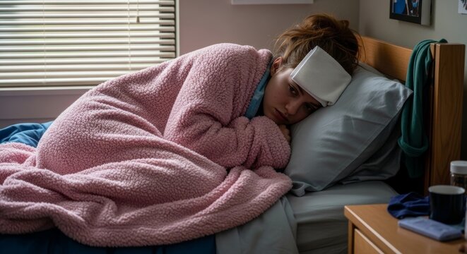 Exhausted woman lying down in bed under a thick fuzzy pink blanket, wearing a white cooling pad on her forehead to combat a severe illness.