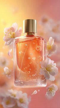 A bottle of perfume with white cherry blossom flowers in a warm, soft, elegant, and delicate style.